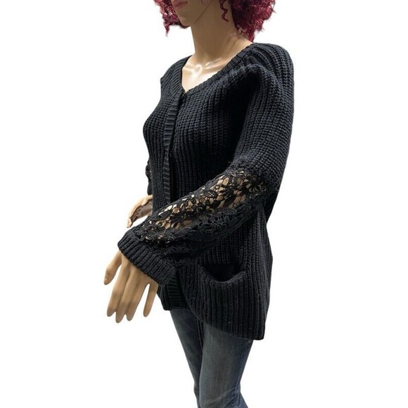 Lauren Conrad Black Crochet Sleeve Snap Front Cardigan Sweater Womens Large - Picture 2 of 12